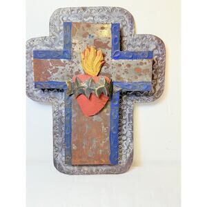 Mexican Folk Art 3D Sacred Heart Metal Cross